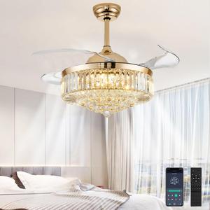 48 Inch Fandelier Ceiling Fans with Light, Chandelier Ceiling Fan, Retractable Crystal Ceiling Fan for Bedroom, Living Room, 3 Color Change, LED Dimmable, 6 Speeds, Reversible DC Motor-Gold