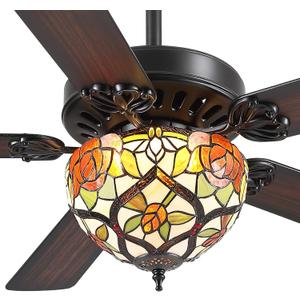 52" Tiffany Ceiling Fans with Glass Shade - Black Low Profile Ceiling Fan Chandelier with 5 Reversible Blades, 3CCT Dimmable, Indoor and Outdoor Antique Fan Light Fixture, Retro, Farmhouse (Tiffany-8605)