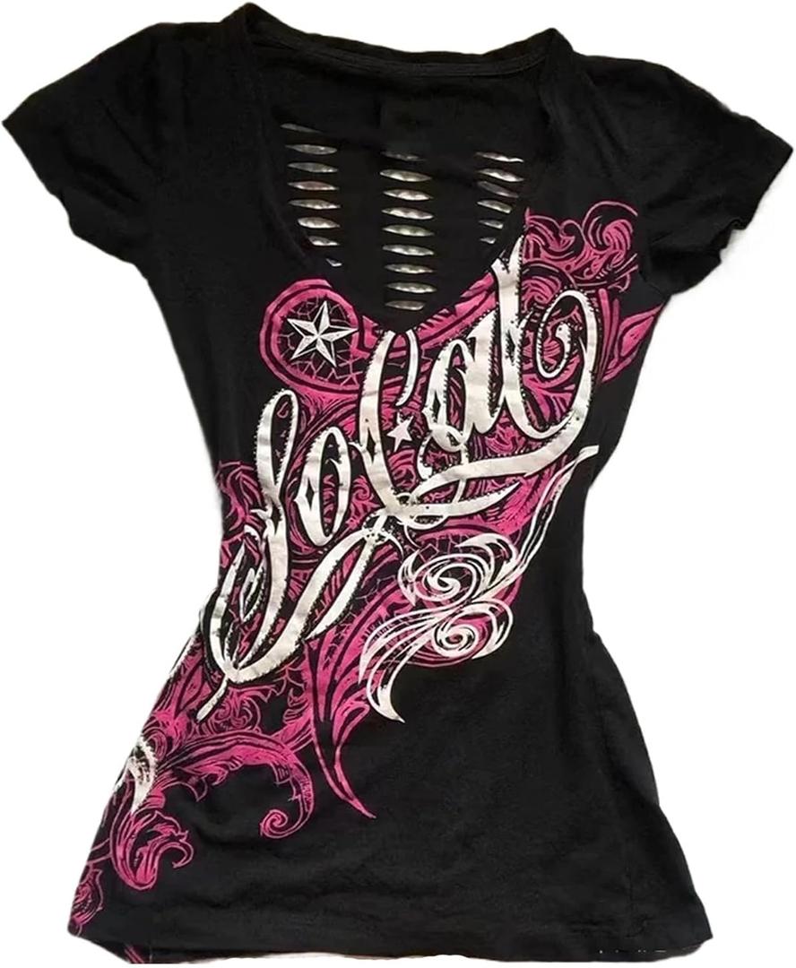 Emo Grunge Top Short Sleeve Y2k Shirts Vintage Streetwear Tops Women 2000s Fashion (Medium, Black Hot Pink)