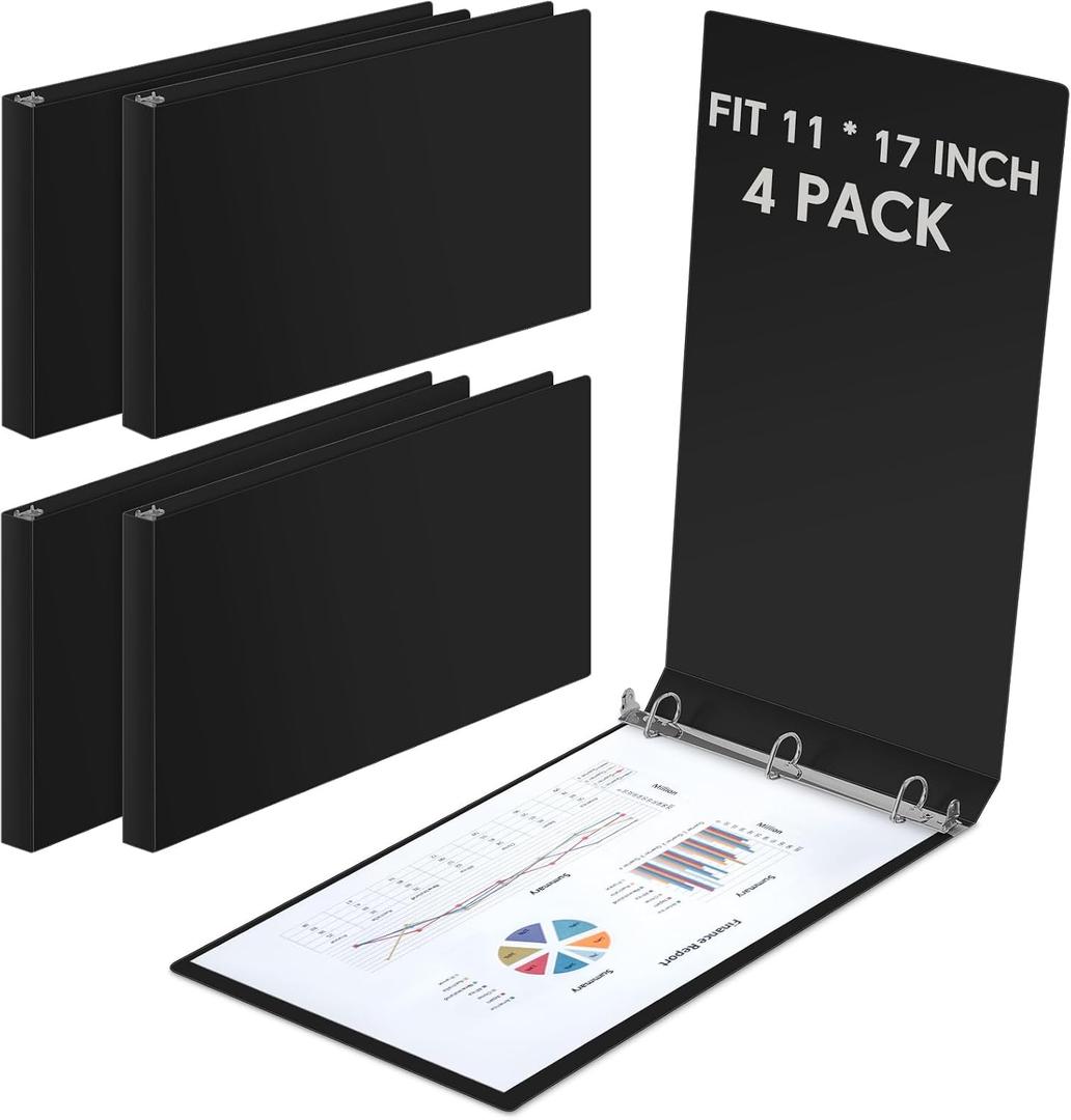 4 Pcs 11 x 17 Inch 3 Ring Binders 1 Inch Rings Heavy Duty View Plastic Flexible D Ring Binders Economy Holds 11" x 17" Paper for Artwork Blueprints, Office, Home, Work Places(Black)