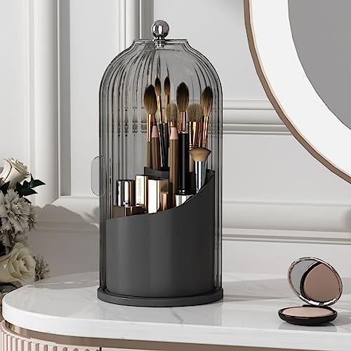 YOOLENS Makeup Brush Holder with Lid 360 Rotating Clear Dustproof Make Up Organizers for Vanity Bathroom Countertop, Black