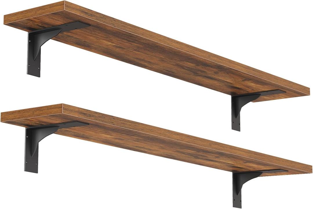 HOOBRO Floating Shelves for Wall, 31.5" Wall Mounted Shelves Set of 2, Hanging Storage Shelf with Metal Brackets, Wooden Shelf for Living Room, Bedroom, Bathroom, Rustic Brown and Black BF82BJP201G1