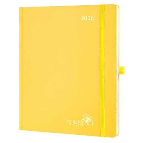 POPRUN 2026 Planner (Large Size 8.5''x 10.5'' Hardcover) - Daily Weekly and Monthly Calendar Agenda 2026 Appointment Book with Hourly Time Slots, Monthly Tabs, 100 GSM - Light Yellow