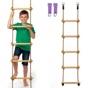 Trailblaze Wooden Rope Ladder for Kids  6ft Outdoor Climbing Ladder with Real Wood Rungs, Heavy-Duty Rope & 2 Carabiners  Treehouse, Swing Set, Ninja Course & Playground Accessory