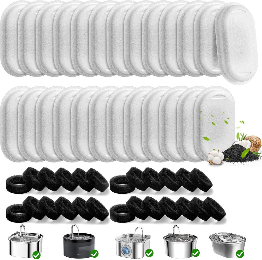 50 Pack Cat Water Fountain Filters for 108/3.2L& 67oz/2L& 4L/135oz Stainless Steel Pet Water Dispenser Cat/Dog Fountain Filter Replacement(25 Filters & 25 Sponges)