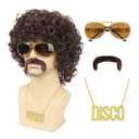 TUOFLY Mens 70s 80s Disco Brown Curly Wig With Glasses Necklace Mustache and Wig Cap Natural Fluffy for Rocker Halloween Costume Cosplay