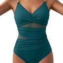 Women's Mesh One Piece Swimsuits Tummy Control V Neck Bathing Suit Sexy Push Up Swim Suit Slimming Swimwear (Medium, Teal Green)