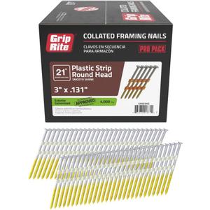 Grip-Rite 21 Degree Framing Nails - Exterior Galvanized Nails for Wood-To-Wood Framing Projects - Plastic Strip Collated Fastener - Round Head - Smooth Shank - 3" x .131" - 4000 Count - GR033HG