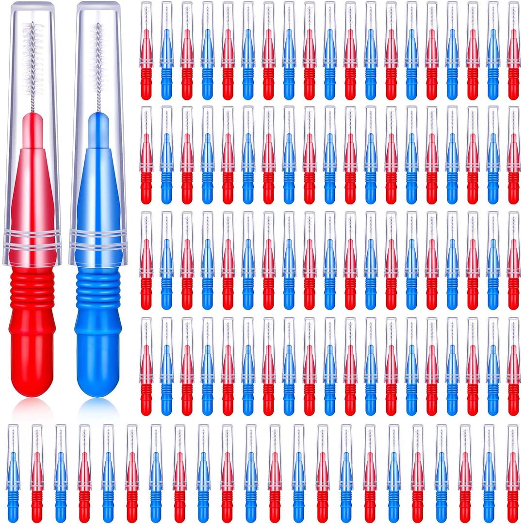 BBTO 100 Pcs Braces Dental Brush Flosser for Cleaner Interdental Brush Toothpick Tooth Flossing Head Oral Dental Toothpick Cleaners Cleaning Tool(Red and Blue)