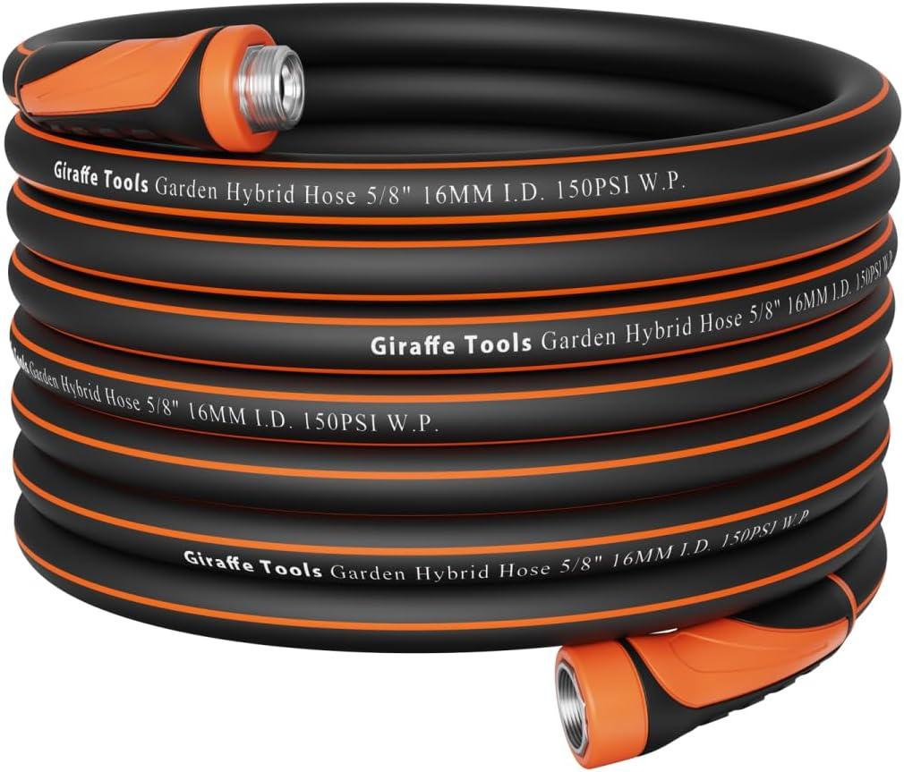 Giraffe Tools Garden Hose 100ft x 5/8", Water Hose Heavy Duty, Flexible, Lightweight Hybrid Hose with Swivel Handle, Male to Female Fittings, Burst 600 PSI (100' (feet), 5/8 Inch Black)