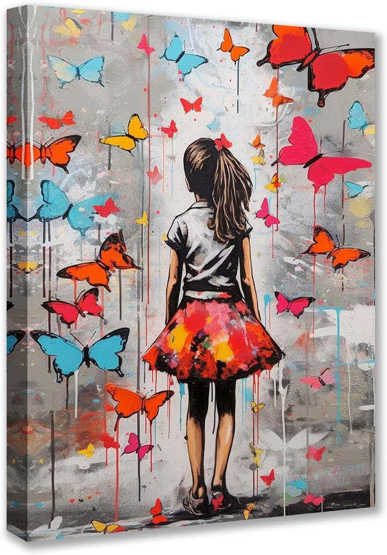 Tucocoo Pictures for Living Room Colorful Butterfly Paintings 1 Pieces Canvas Banksy Girl Street Graffiti Wall Art Modern Artwork Home Decor Giclee Framed Stretched Ready to Hang Gifts 12x16 inches