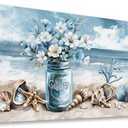 yearainn Coastal Canvas Wall Art - Rustic Jar Flowers Pictures Wall Decor Seashells Seaside Painting Artwork Ocean Landscape Prints for Living Room Bedroom Office Home Decor Ready to Hang 48" x 24"