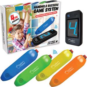 Teacher's Choice 4 Player Wireless Handheld Game Buzzer System - Displays First Buzz-in - Great for Jeopardy, Family Feud, Trivia and Buzzer Games - Console with 4 Joystick Buzzers, 4 Unique Sounds