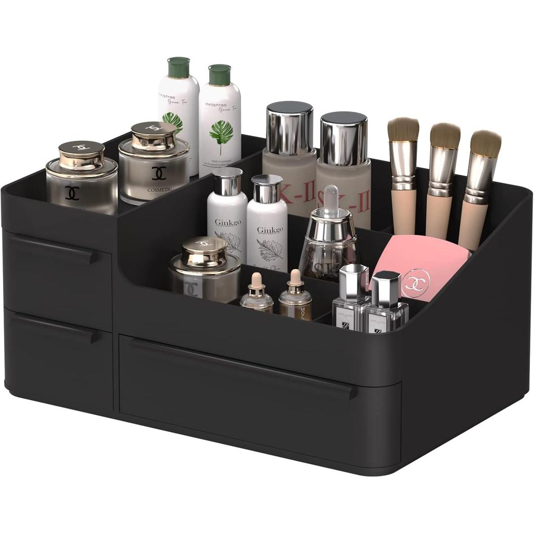 Makeup Organizer with Drawers, Countertop Organizer for Vanity, Bathroom and Bedroom Desk Cosmetics Display Case for Brushes, Lotions, Perfumes, Eyeshadow, Lipstick and Nail Polish (Black)