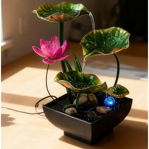 AOZITA Tabletop Fountain, Indoor Waterfall Fountain, Tall Home Décor Zen Relaxation Soothing Sound Machine for Office, Living Room, or Bedroom, Green Metal Lotus with Flower, River Rocks, LED