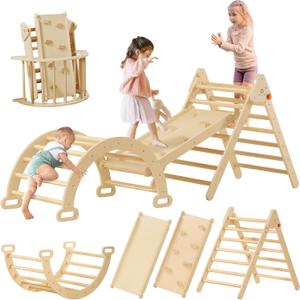 Tiny Land Pikler Triangle Set, 7-in-1 Foldable Pikler Triangle Climbing Toys Set for Kids,Baby Indoor Playground Jungle Gym, Wooden Montessori Climbing Set for Toddler (Natural), Standard