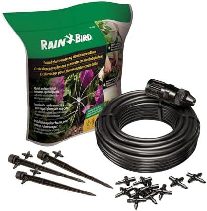 Rain Bird POTTEDKIT Drip Irrigation Container/Potted Plant Watering Kit, Connects to Faucet/Garden Hose, 1/4" Drip Tubing, 360° Micro Bubblers, T-Fittings and Pressure Regulator