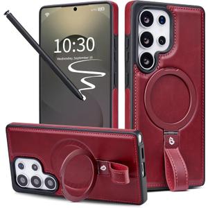 Butaiga for Samsung Galaxy S25 Ultra Leather Case with Stand, AntiSlip Grip Ring, Fits for MagSafe (Burgundy, S25 Ultra 6.9inch)