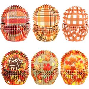 Quera 600 Counts Thanksgiving & Fall Themed Cupcake Liners - Pumpkin, Maple Leaf & Plaid Designs - Disposable Paper Baking Cups