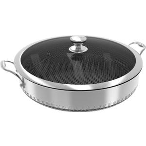 316L Stainless Steel 8QT Frying Pan Hex Nonstick Wok with Lid, Two Handle to Hold, PFOA Free, Dishwasher Oven Safe (8QT)