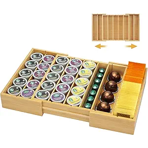 MinBoo Bamboo K Cup Holder for Drawer or Countertop Coffee Pod Holder Expandable K Cup Pod Storage Tea bag organizer K Cup Storage for Coffee Station Home Office and Kitchen