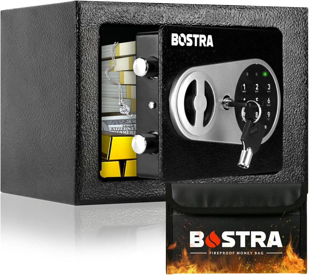 Bostra Fireproof Safe Box with Sensor Light & Fireproof Bag, Money Safe Box with Digital Keypad,Security Safe Box for Home, 0.23 Cubic Small Safe with Keys & Pass Code for Cash Jewelry Silver