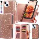 Varikke for iPhone 13 Wallet Case Detachable with 9-Card Holder for Women, Fashion Glitter PU Leather Wrist Strap Strong Magnetic Flip Wallet Removable Phone Case Cover for iPhone 13 6.1", Rose Gold