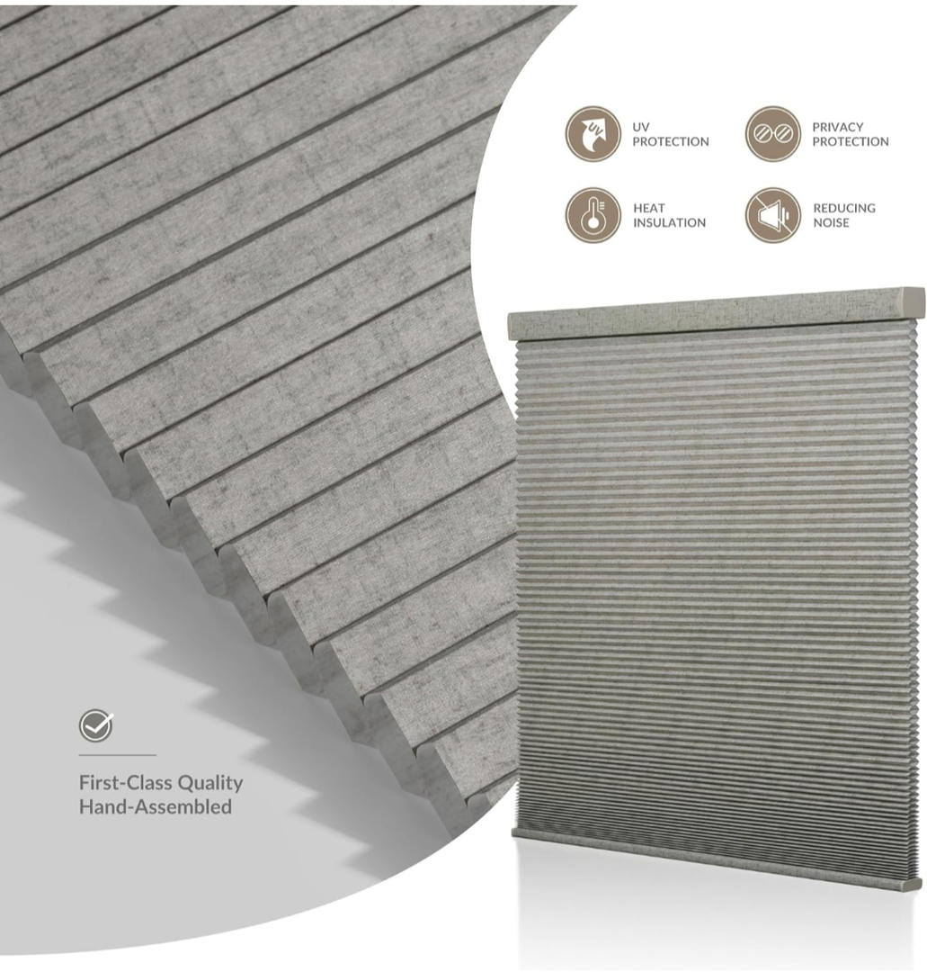 Cordless Linen Pattern Cellular Shades Light Filtering Honeycomb Shades for Windows Pull Down Honeycomb Privacy Blinds for Bedroom Office, Light Filtering Light Beige, Customized Size 63" Gray With Lines