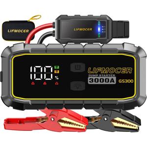 GS300 Car Jump Starter,3000A Portable Battery Jumper Starter for Up to 10.0L Gas & 8.0L Diesel Engines,59.2WH 12V Jump Box with Storage Case,USB Quick Charge,LCD Display,for Cars,Motorcycles,Trucks
