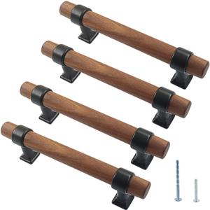 Piutouyar 4 Pack Wood Cabinet Pulls, Wooden Drawer Handle, 96 mm/3-3/4 inch Hole Centers Knob Pull Handles with Screws, Wood Dresser Knobs Pulls for Kitchen, Cabinet, Drawer, Cupboard(Brown)