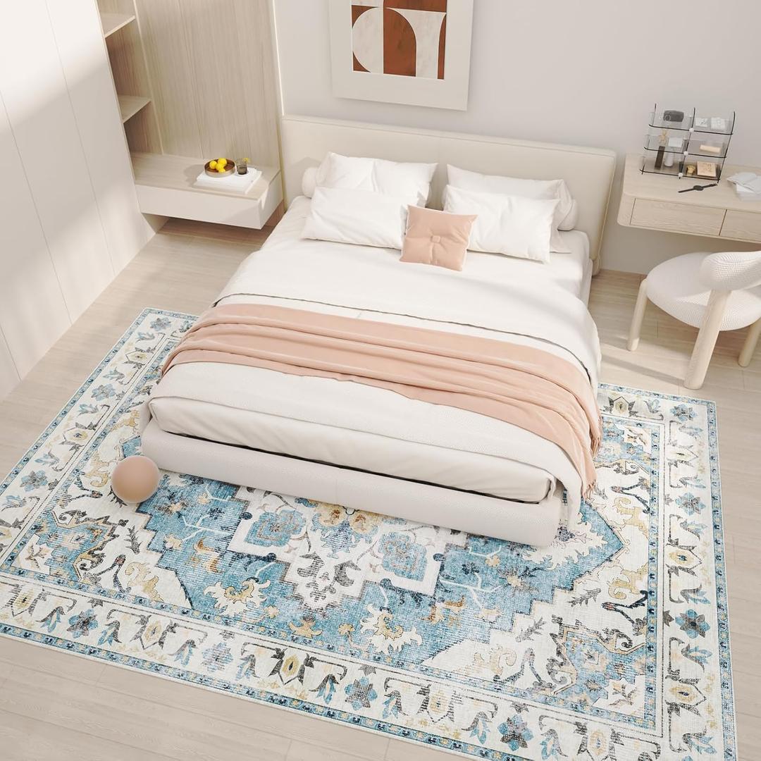 Machine Washable Rug 8'x10' Area Rugs with Non-Slip Vintage Rug for Living Room Low Pile Floral Printed Rug Stain Resistant Carpet for Home Decor Bedroom Dining Room Office,Blue White