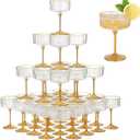 36PCS Plastic Ribbed Martini Glasses, 10oz Disposable Champagne Coupe Glasses with Golden Rim and Stem, Detachable Creative Transparent Striped Vintage Cups Reusable for Wedding Party Supplies