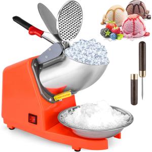 Electric Ice Shaver Crusher - 4 Blades Ice Crusher Shaver, Stainless Steel Shaved Ice Machine Snow Cone Maker (300W 2200r/min) for Home & Commercial Use, Prevent Splash, with Ice Pick & Bowl, Orange