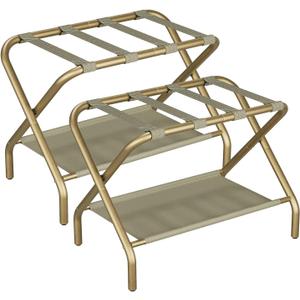 Smuxee Gold Luggage Rack Pack of 2, Foldable Suitcase Stand with Fabric Storage Shelf, Luggage Holder with 4 Nylon Straps for Hotel Guest Room Bedroom
