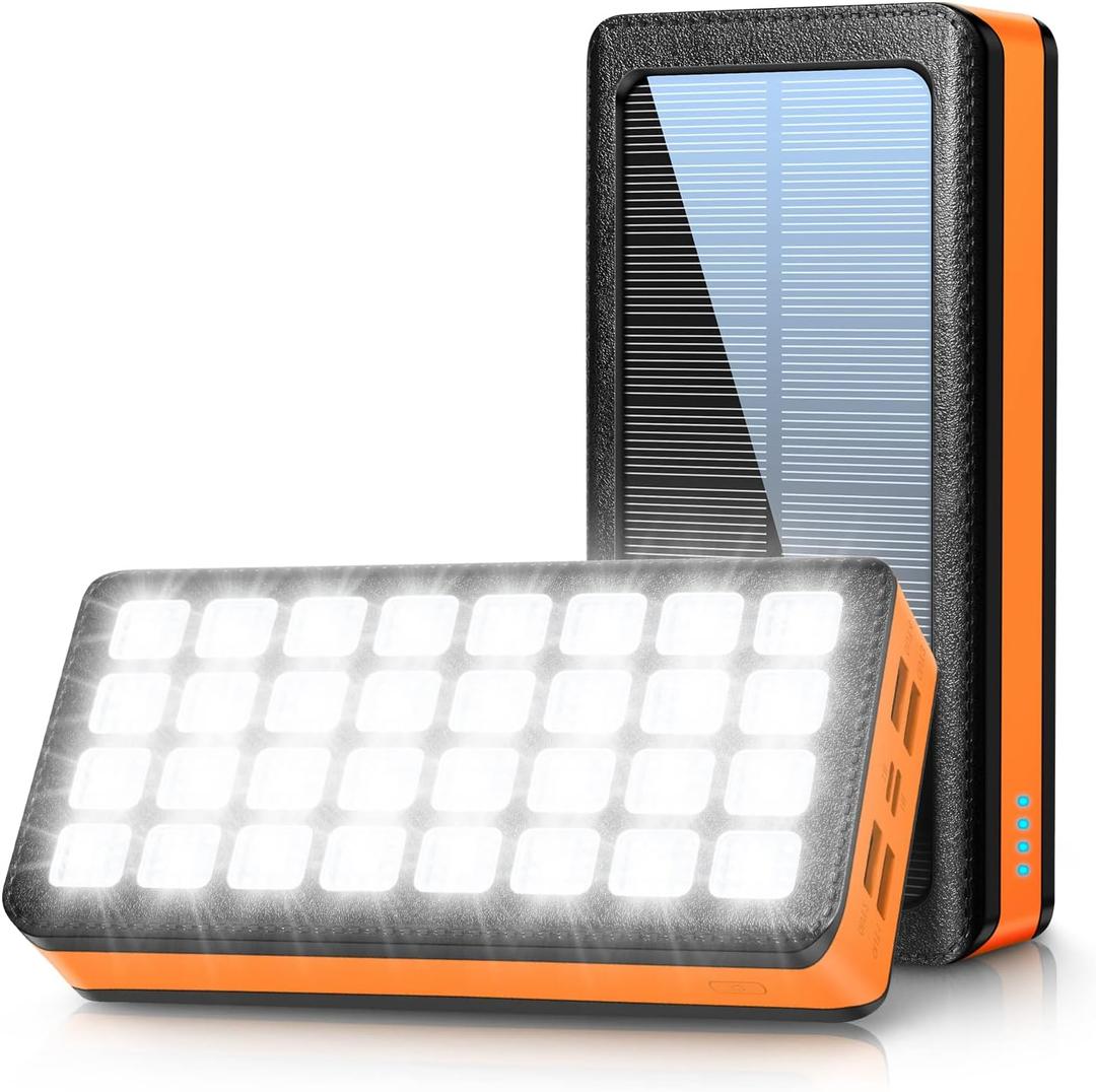 Solar Power bank 30000mAh, Portable Solar Charger with 4 Outputs Solar Phone Charger USB C Solar Powered Charger 32 LED Flashlights Samsung Suitable for Camping Outdoor Traveling (Orange)