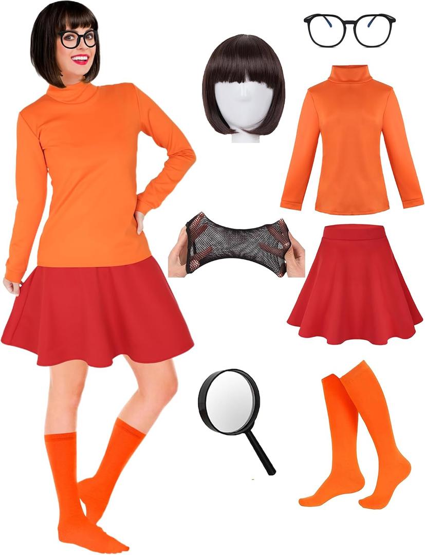 Women Costume Adult Top Skirt and Socks, Bob Wig, Glasses, Magnifying Glass for Halloween Women Cosplay Set (XL)