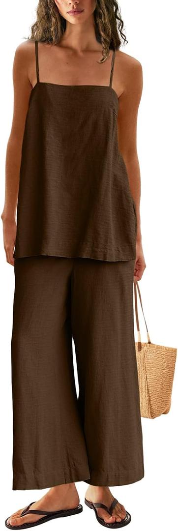 Womens Two Piece Sets Summer Spaghetti Strap Tank Top Wide Leg Pants Lounge Sets Travel Beach Vacation Outfits Summer (Brown, S)