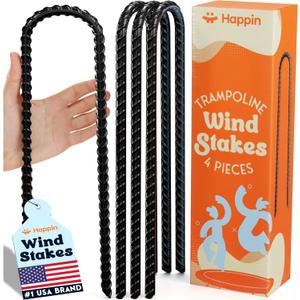 Happin Trampoline Stakes, Trampoline Accessories, Ground Stakes Heavy Duty, Ground Anchors Screw in, Rebar Stakes, Tent Anchors, Yard Spikes, Galvanized Steel (4 Pack, Black)