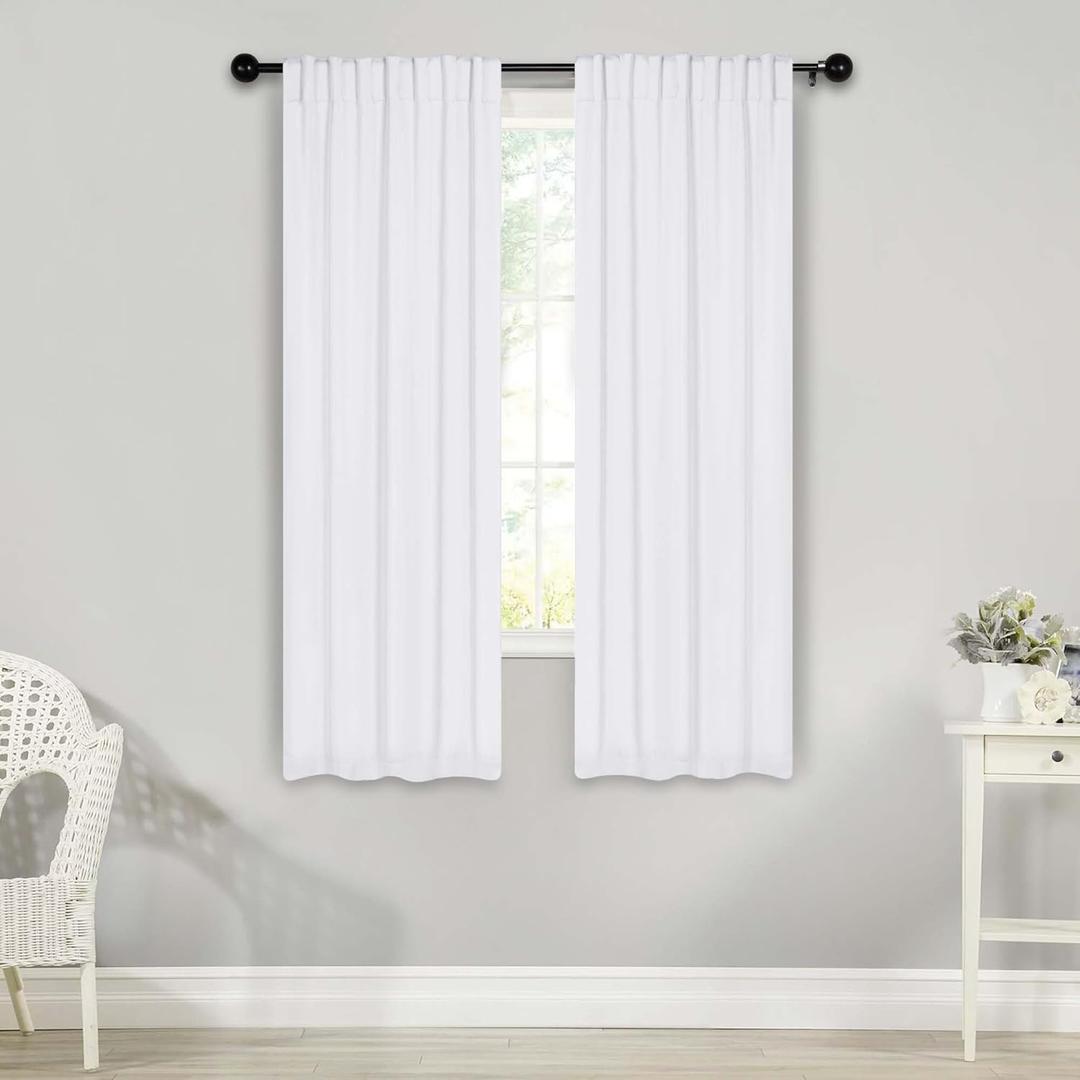 Superior Blackout Curtains, Room Darkening, Bedroom, Drapes, Kitchen, Living Room Window Accents, Sun Blocking, Thermal, 2 Pack, Solid Blackout Back Tab Curtains, Set of 2, 26" x 63", Snow White