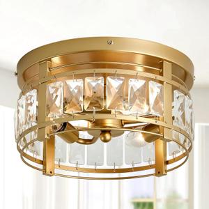 SZXYKEJI Modern Crystal Ceiling Light Fixture 3 Lights Mini Flush Mount Chandelier Gold Cage Round Ceiling Light for Foyer Hallway Dining Room Living Room Bedroom