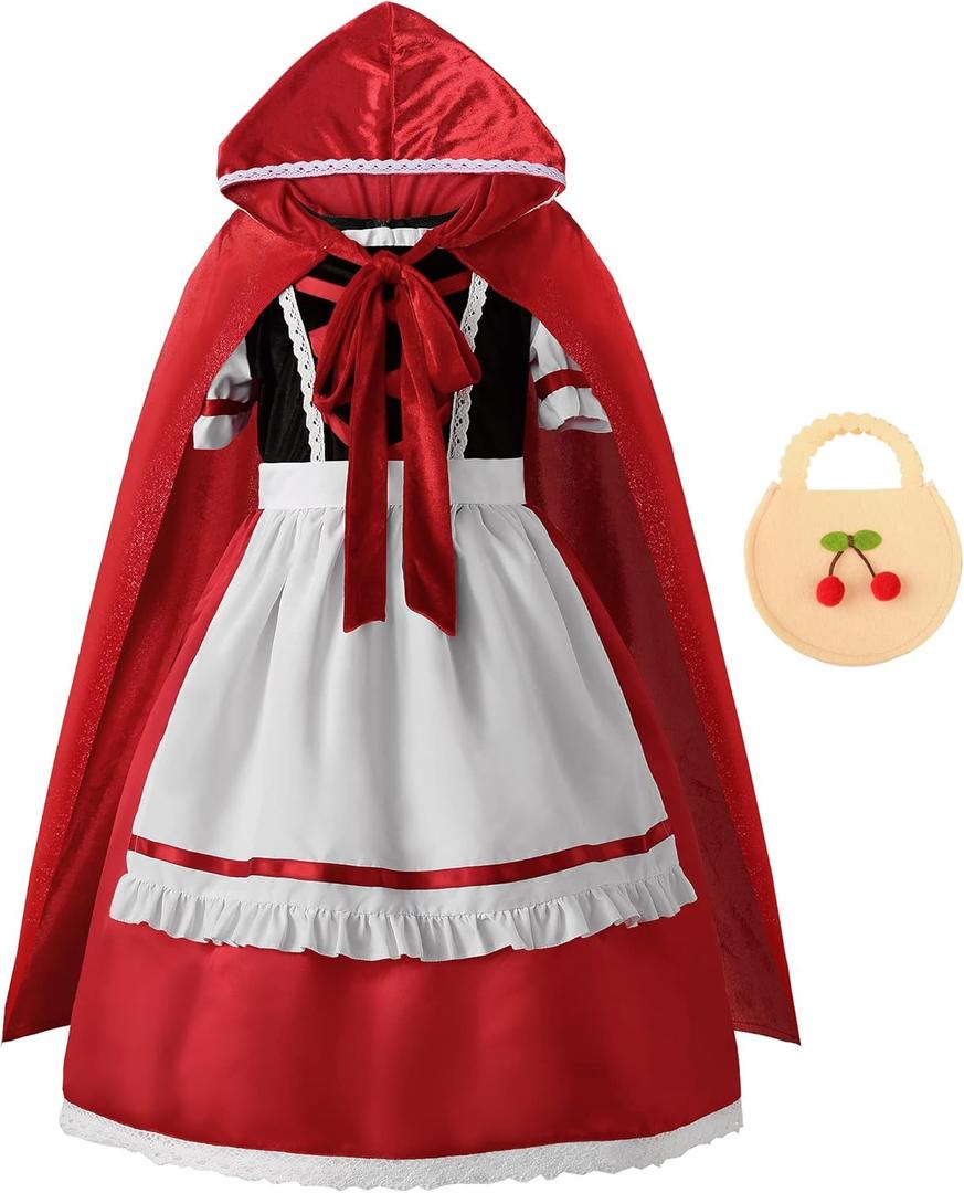 Girls Costume for Girls Deluxe Costume Halloween Dress with Cloak,Apron, Bag (10-12/150, Red)