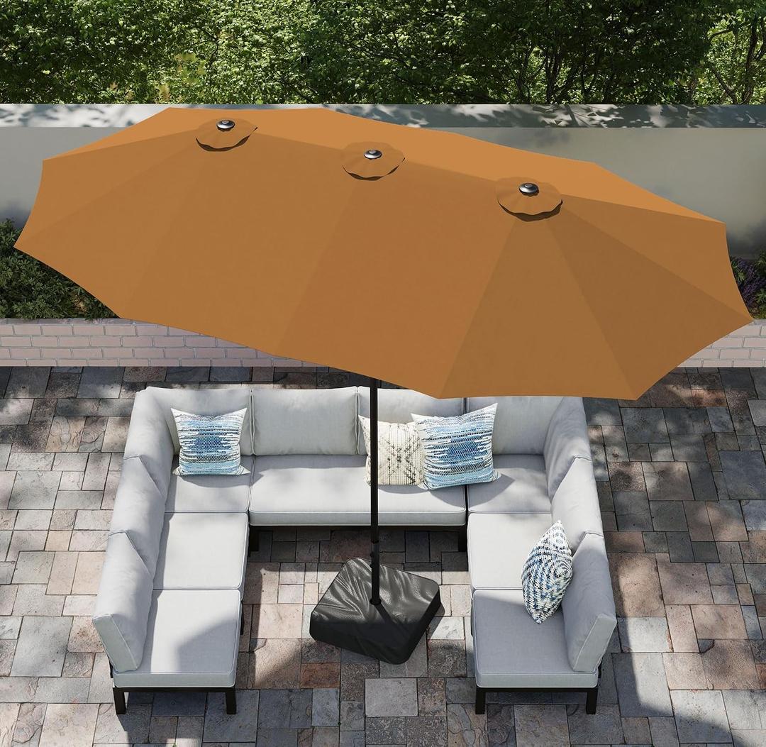 PHI VILLA 15ft Large Patio Umbrellas with Base, Outdoor Double-Sided Rectangle Market Umbrella for Pool Lawn Garden, Tawny