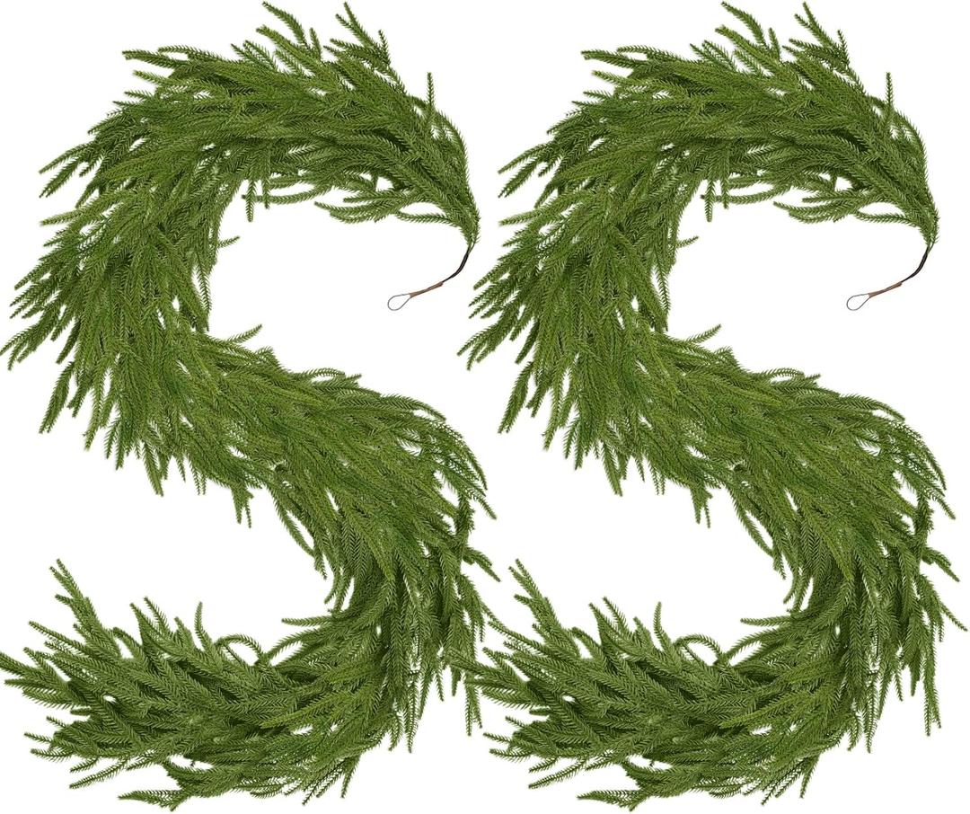 2-Pack 6FT Artificial Norfolk Pine Christmas Garland - Real Touch PE Faux Greenery, Waterproof Indoor Outdoor Decor for Mantel, Staircase, Fireplace, Front Door, Holiday Xmas Decoration
