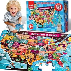 Giant 46 Pcs 36"x24" Geography United States Puzzles for Kids with Landscape Culture, Floor USA Map Puzzle, United States Puzzles, USA Map Puzzle