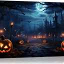 vandlife Halloween Home Decoration Dark Blue Ghost Castles Canvas Wall Art Smiling Creepy Pumpkin Lantern and Bats Flying Under the Moon Framed Poster Decor for Living Room Bedroom 24x16in