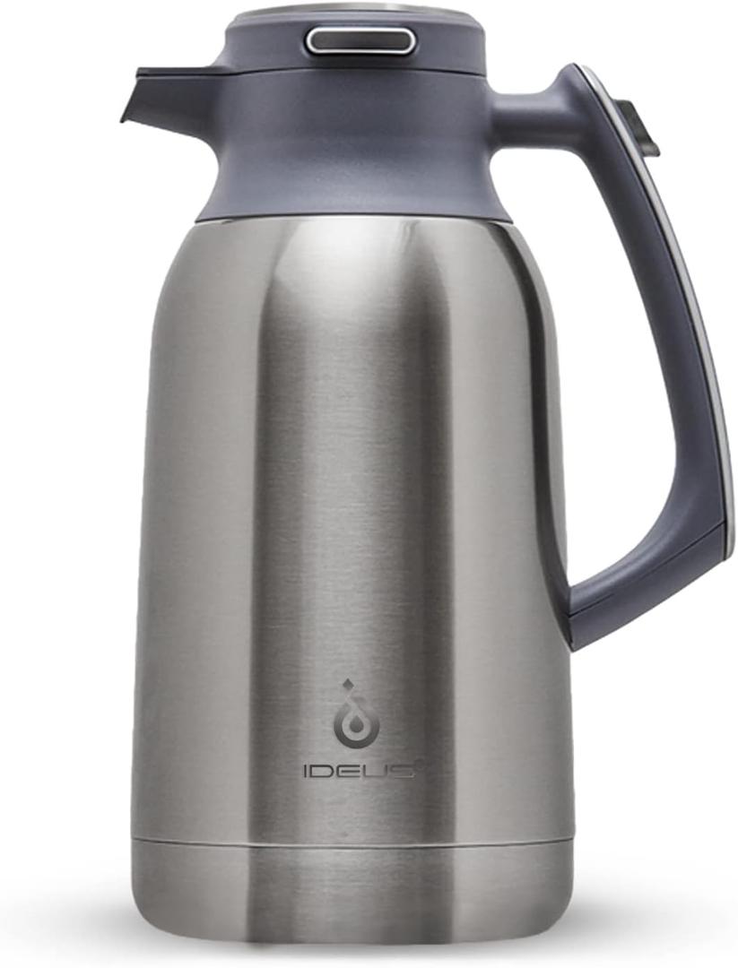 IDEUS Thermal Coffee Carafe 68oz (2,000ml), Stainless Steel Double Wall Insulated Vacuum Flask, Water Jug Coffee Server and Beverage Dispenser, Heat and Cold Retention, Metallic