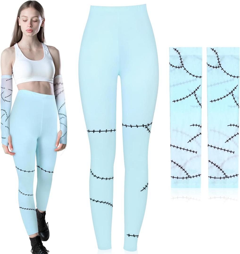 Suhine 2 Pcs Halloween Costume Accessories for Women Light Blue Sleeves Halloween Leggings for Halloween Cosplay Favor Christmas Costume Party Dress Up Supply Size XL