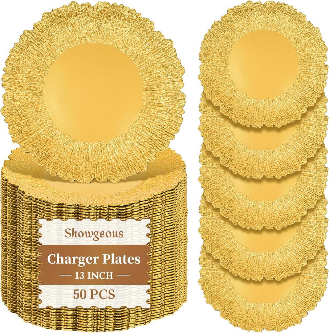 Showgeous Round Charger Plates 50 Pack 13” Gold Plastic Reef Rim