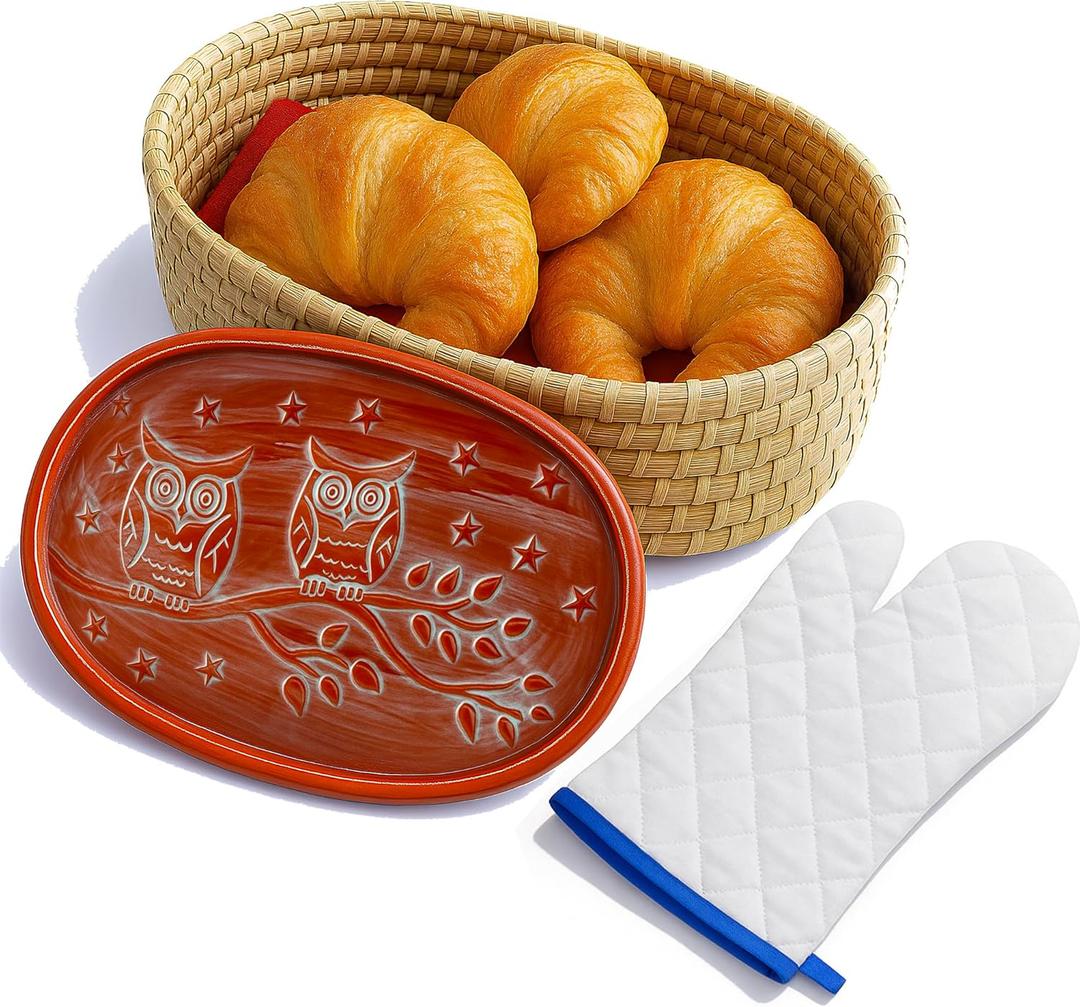 Bread Warmer Basket with Terracotta Stone – Includes Oven Mitts – Keeps Bread Warm – Rustic Gift for Holidays, Housewarming, Dinner Parties – Handwoven Natural Look – Kitchen Table Accessory