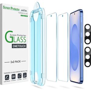 amFilm Auto-alignment OneTouch for Samsung Galaxy S25 6.2'' Screen Protector + Camera Lens Protector, Tempered Glass, 30 seconds Installation, Bubble Free, Case Friendly, Anti-Scratch [2+2 Pack]